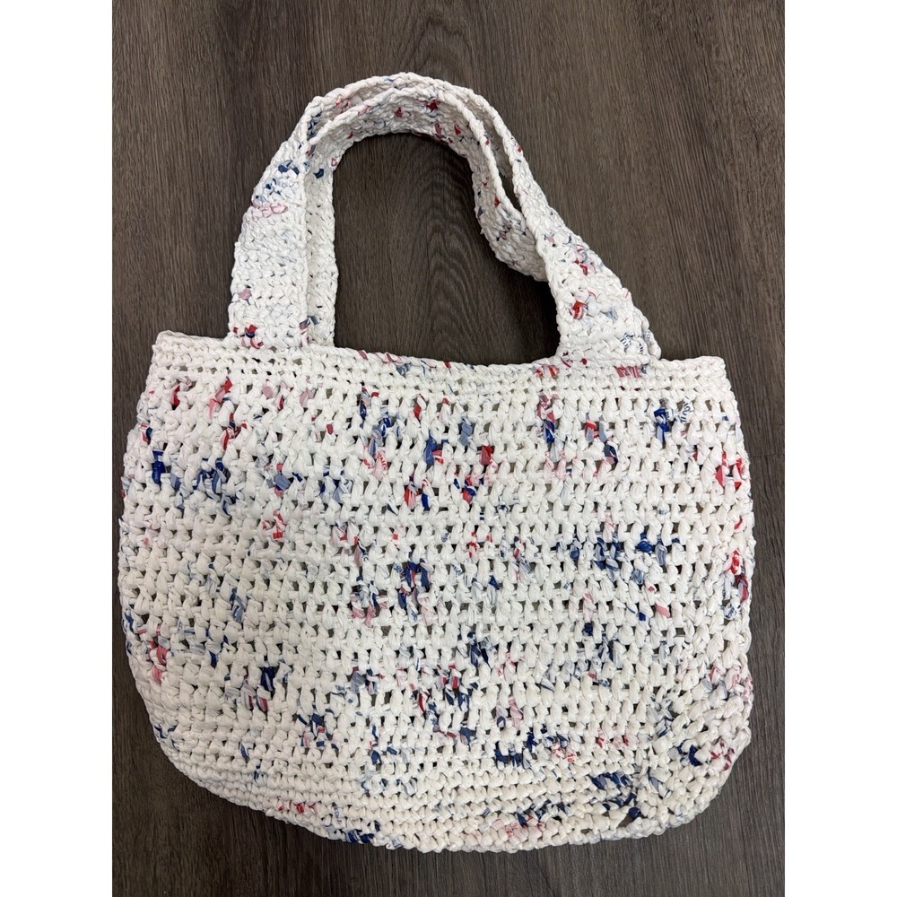 Hand Crocheted Recycled Plastic Tote Bag White Red Blue‎ Speckled